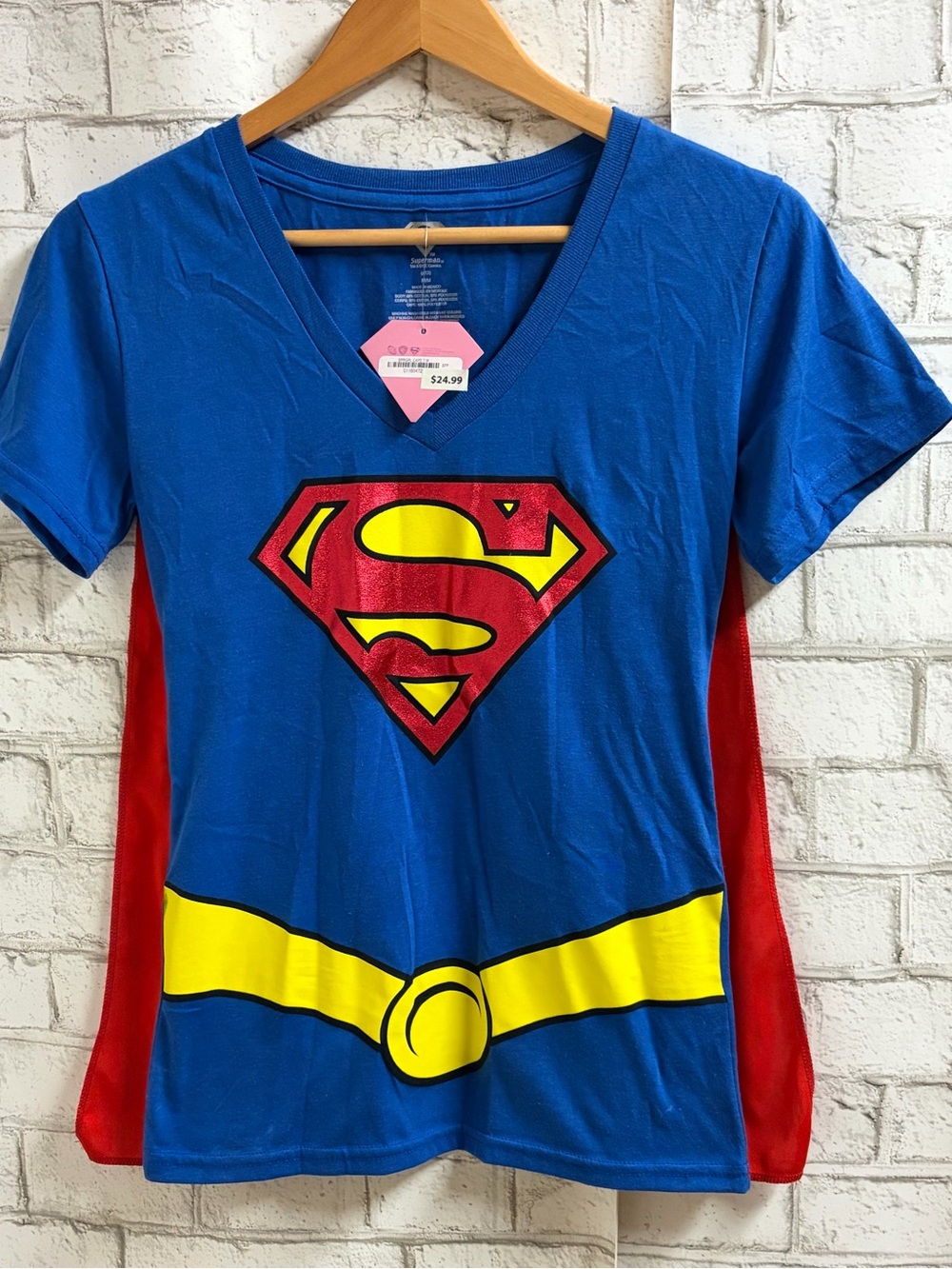 DC Comics Women’s Blue Superman Graphic Tee with Red Cape and Yellow Belt Print